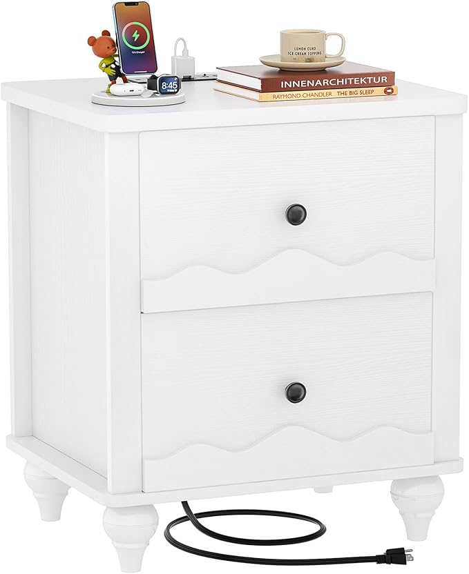 Cyclysio Nightstand with Charging Station, Side End Table with 2 Drawers, Modern Wood Night Stand with Scalloped Pattern for Bedroom, Bedside Night Tables with Solid Wood Gourd Legs