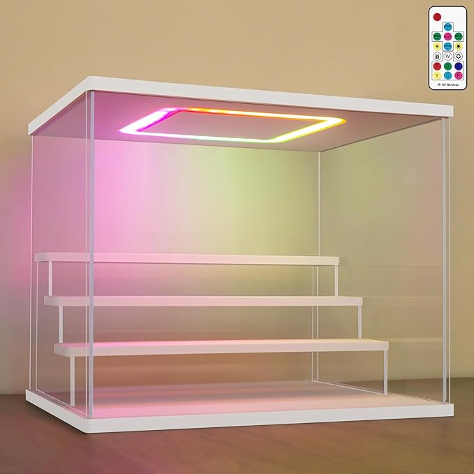 NONEMEY Clear Acrylic Display Case with Light ,3/4/5/6 Tier Multiple Color Lights via Remote Control Dustproof Display Box for Collectibles Figures Mini Toys (4Tier 12.4*9.6*10.4inch)