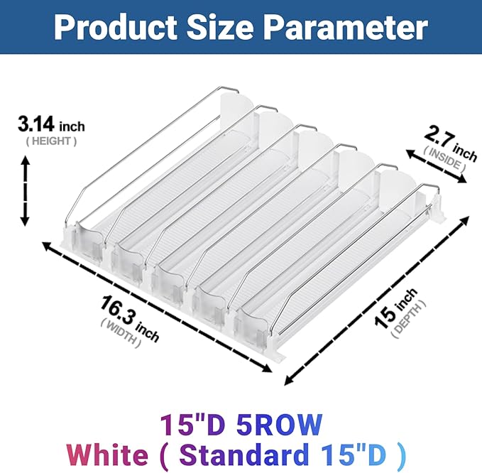 Drink Organizer for Fridge,12oz 16oz 20oz - Soda Can Dispenser for Refrigerator,Width Adjustable,Automatic Pusher Glide,15"D,White,5 ROW,Holds 25 Cans