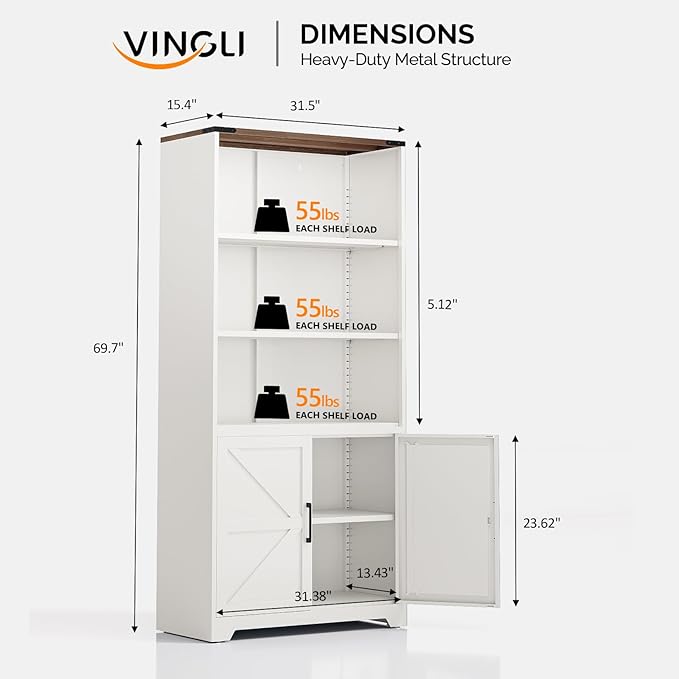 VINGLI Bookcase with Doors and Adjustable Shelves, Steel 70" Tall Bookshelf, 6-Tier Farmhouse Metal Storage Cabinet for Study, Living Room, Home Office, Kitchen Pantry, White Display Cabinet