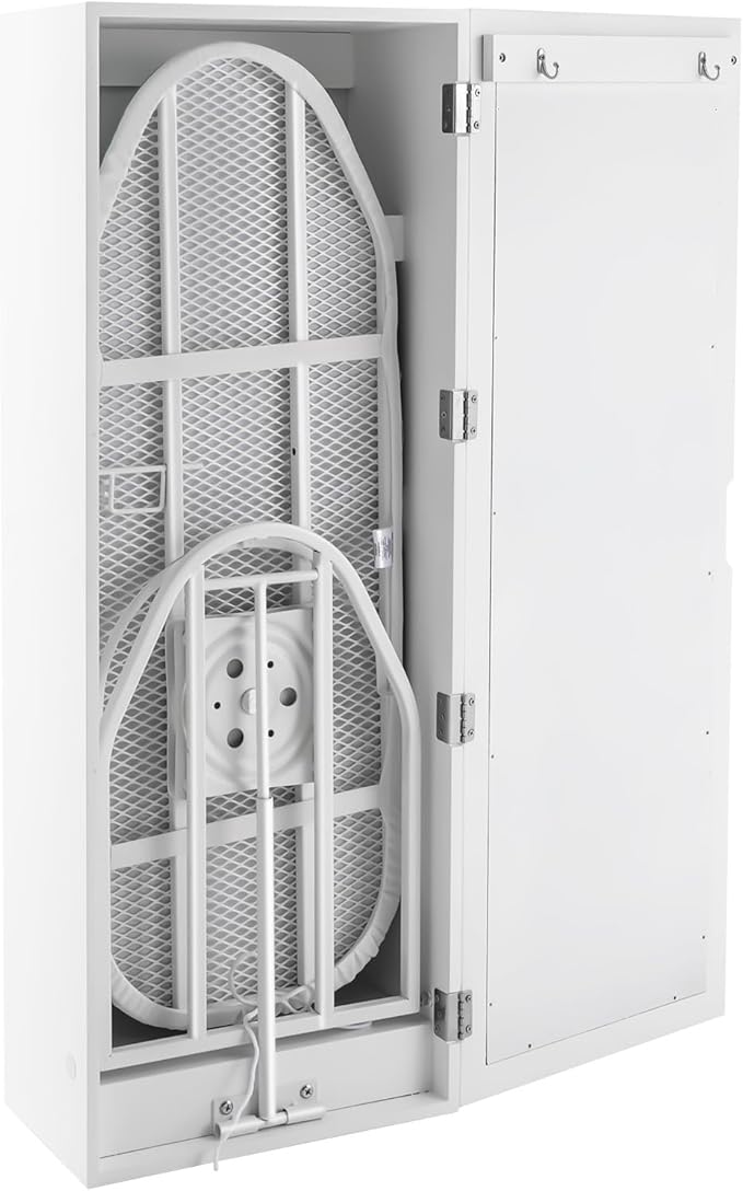 Wall-Mounted Ironing Board Cabinet with Storage Shelves & Door, Built in Foldable Ironing Board, Wall Hanging Ironing Storage Station for Bedrooms Laundry Rooms Apartments Small Spaces