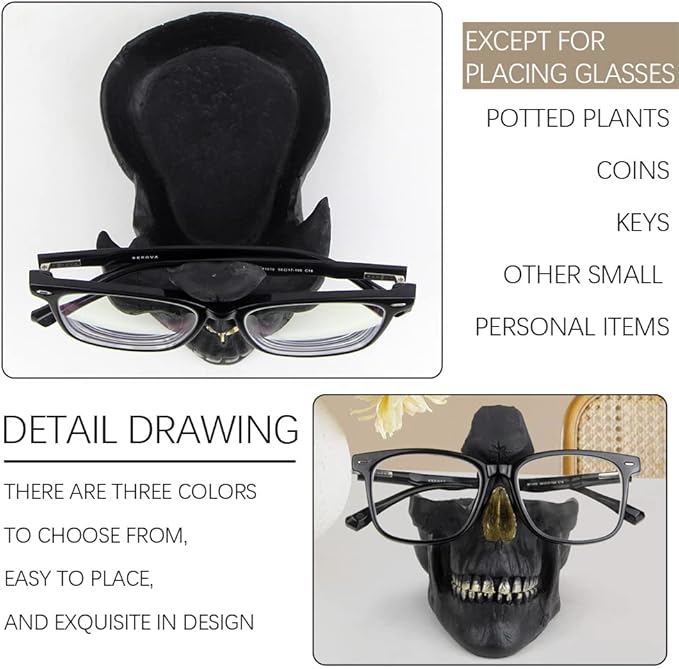 Mrlikale Skull Glasses Stand, Creative Eyeglasses Rack, Sunglasses Spectacle Display, Key Holder Resin Sculptures for Entryway, Home, Office, Desk, Nightstand (Black)