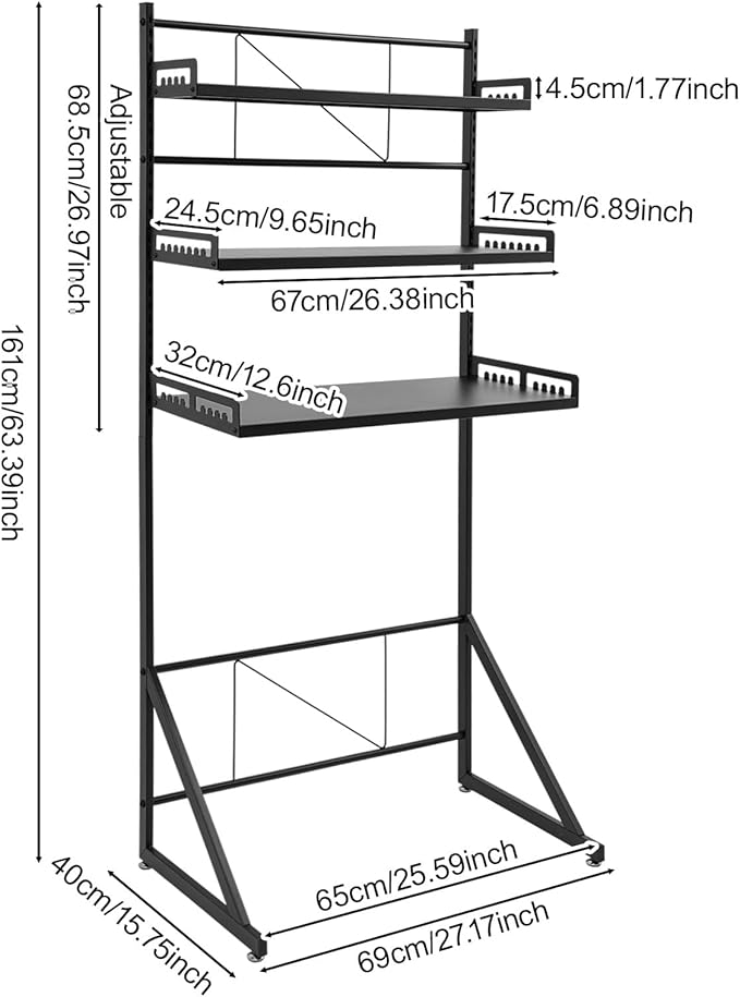 Over Washer and Dryer Storage Shelves, 3-Tier Washing Machine Organizer Rack with Height Adjustable Shelf for Laundry Room Garage Bathroom, W27.2*D15.8*H63.4in, Black