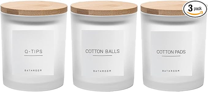 3PCS Modern 13.53oz Transparent Bathroom Canisters with 12 Labels & Wooden Lid Thick Glass Jar Set Qtip Holder for Cotton Ball & Pads Storage Organization Minimalist Decor