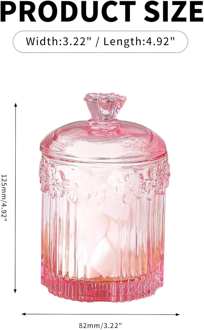 Pink Qtip Cotton Ball Hair Ties Candy Holder Makeup Storage Bathroom Accessories Organizer Thick Glass Apothecary Jars with Lid, 2pcs