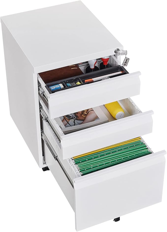 3-Drawer Lockable Mobile File Cabinet – Metal A4/Letter/Legal Size Storage for Home/Office, Pre-Assembled, Space-Saving Under-Desk Cabinet with Wheels (White)
