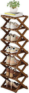 YYW Bamboo Shoe Rack for Entryway,Installation-Free and Foldable Vertical Shoe Storage Organizer,Free Standing Shoe Racks Shelf Closet Shoe Organizer for Living Room (Tawny-7 Layers)