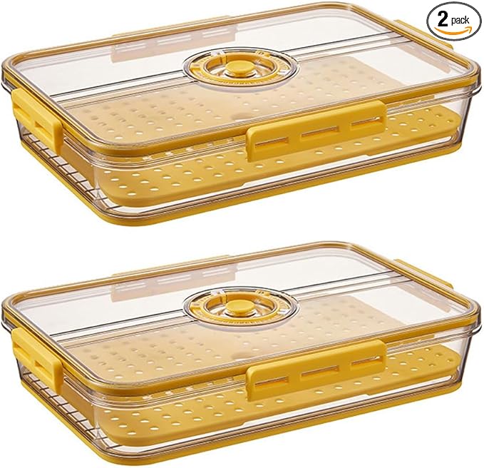 CottonColors Fridge Organizer, Food Storage Containers With Lids for Timer & Drain Board Stackable Refrigerator Organizers and Storage（Short, Large, 2 L, 2 pack）
