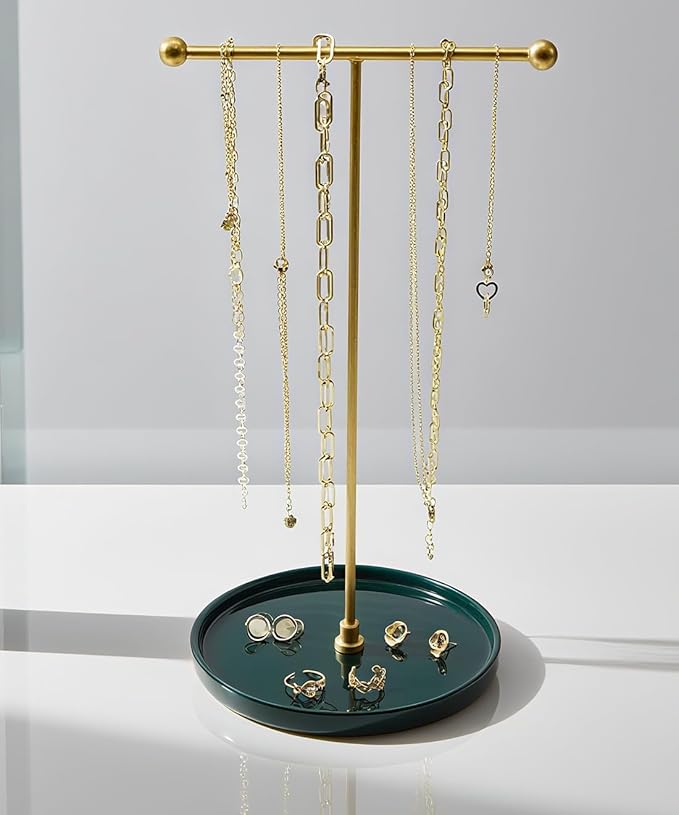 VROOMIUM Necklace Holder Stand - 6in Ceramic Base X 1ft Height, Aesthetic Decor for Bedroom, Jewelry Organizer for Necklace, Bracelets, Rings, Exhibidor de Collares- Elegant Green