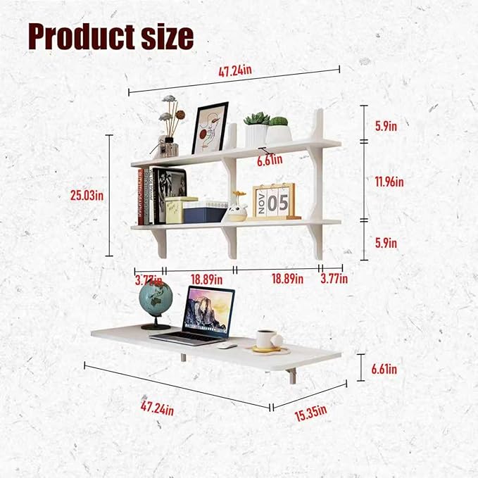 Pmnianhua Wall Mounted Folding Table, 47'' Floating Laptop Desk with Shelves, Foldable Drop Leaf Table, Wall Mount Fold Down Table for Laundry Room Kitchen Bar Home Office Small Space(White)
