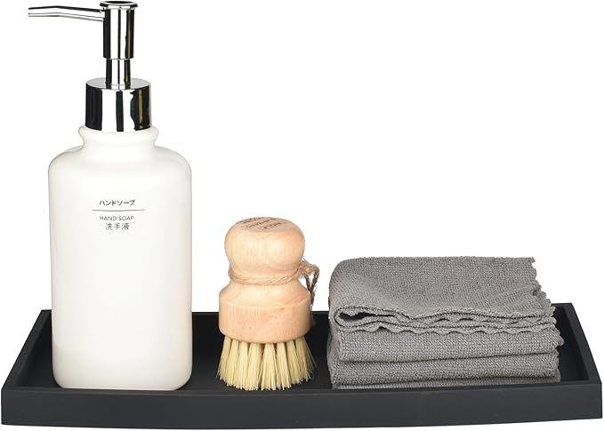 DNC Bathroom Vanity Tray for Counter, 2PC (7.9" +11.8") Silicone Kitchen Sink Soap Tray for Countertop Dish Holder Dispenser Toilet Tank Desk Organizer Black