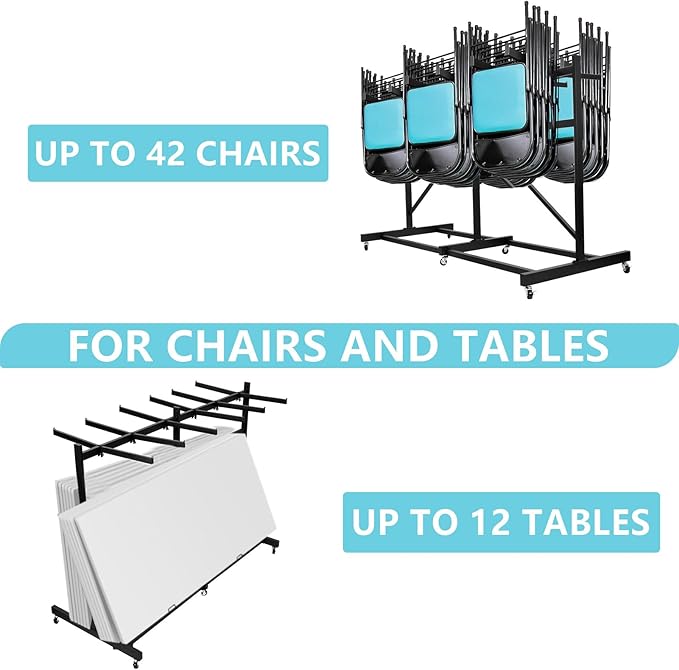 Folding Chair Rack, Heavy Duty Folding Chair Storage Rack Cart, 42 Chairs and 12 Table, 440 Lbs Weight Capacity, Locking Rubber Wheels for Weddings, Parties & Events
