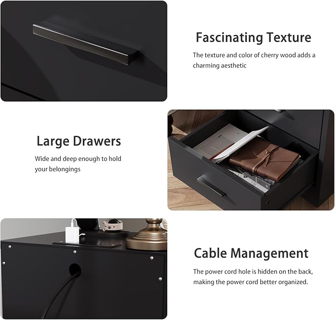 LIDYUK Dresser for Bedroom, Wood Dresser with 3 Drawers, Modern Minimalist Dressers & Chest of Drawers, 21 Inches Tall Side Table Nightstand with Charging Station, for Bedroom, Living Room, Black