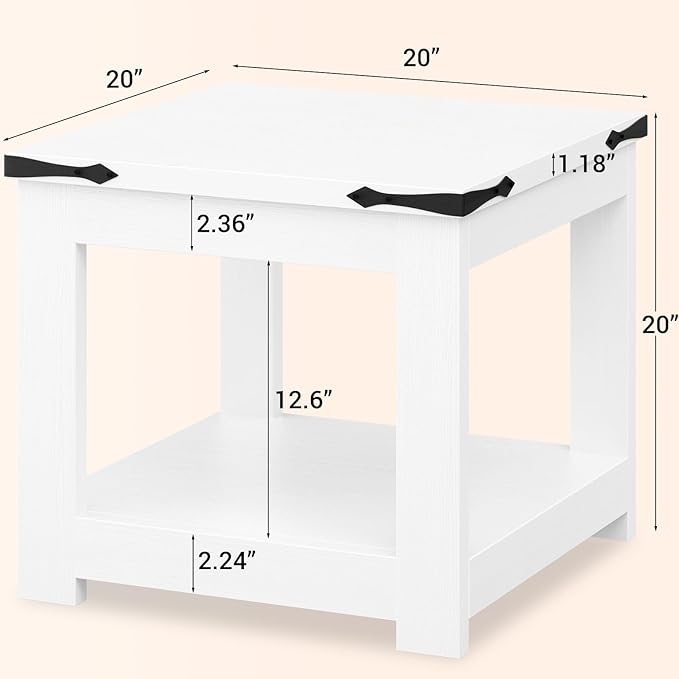 Homieasy End Table, 20 Inch Square End Table, Farmhouse Wood Side Table with Storage Shelf, Industrial Accent Bedside Table for Living Room, Bedroom,White