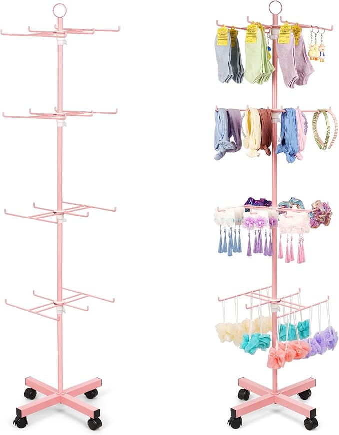 Retail Display Stand Rotating Display Stand 4 Tier Spinning Display Stand for Craft Shows, Jewelry, Keychain, Earring Adjustable Height Retail Display Racks (Pink)