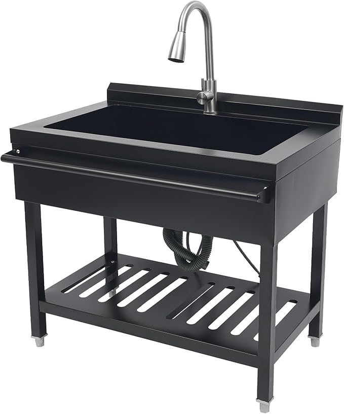 Stainless Steel Utility Sink, Free Standing Single Bowl Kitchen Sink with Pull-Out Cold/Hot Faucet, Splashback & Storage Shelf, Large Utility Sinks for Laundry, Garage 35.4 * 22.4 * 37in