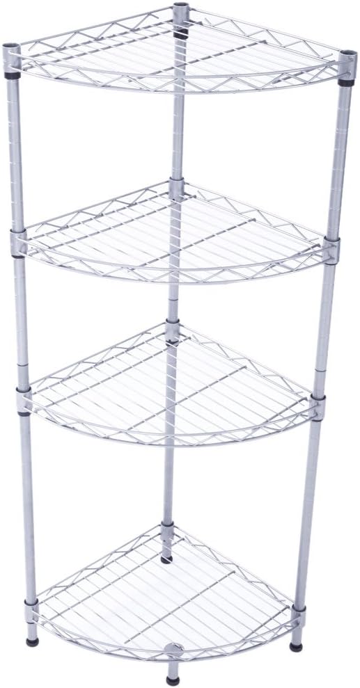 4-Tier Carbon Steel Corner Storage Rack, Adjustable Metal Shelf Organizer with Mesh Design for Kitchen, Bathroom, Office, or Living Room – Silver Gray