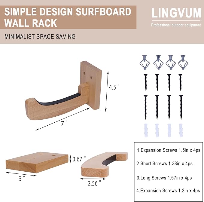 Surfboard Wall Mount Racks Sturdy Surf Board Wall Hangers Suitable for Longboards/Shortboards/Skateboards/Snowboards/Skiing Boards, Works Indoors and Outdoors, Bamboo