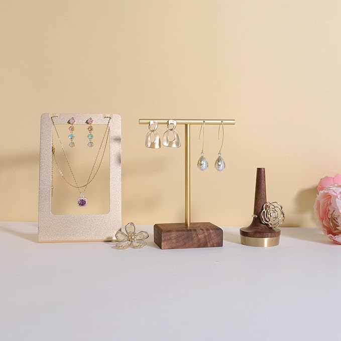GemeShou earrings T display stands for selling, small earring holder jewelry stand with 4 holes on bar, wood earring hanger for boutique display【Walnut】