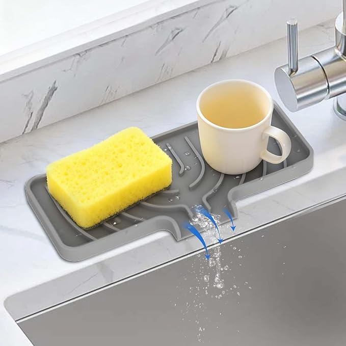 Silicone Sponge Holder for Kitchen Sink With Drain Spout, Self Draining, Kitchen Soap Tray, Bathroom Organizer, Sink Caddy, Perfect for Dispenser, Scrubber, Bottle, Cup on Counter-Grey 10"×4"