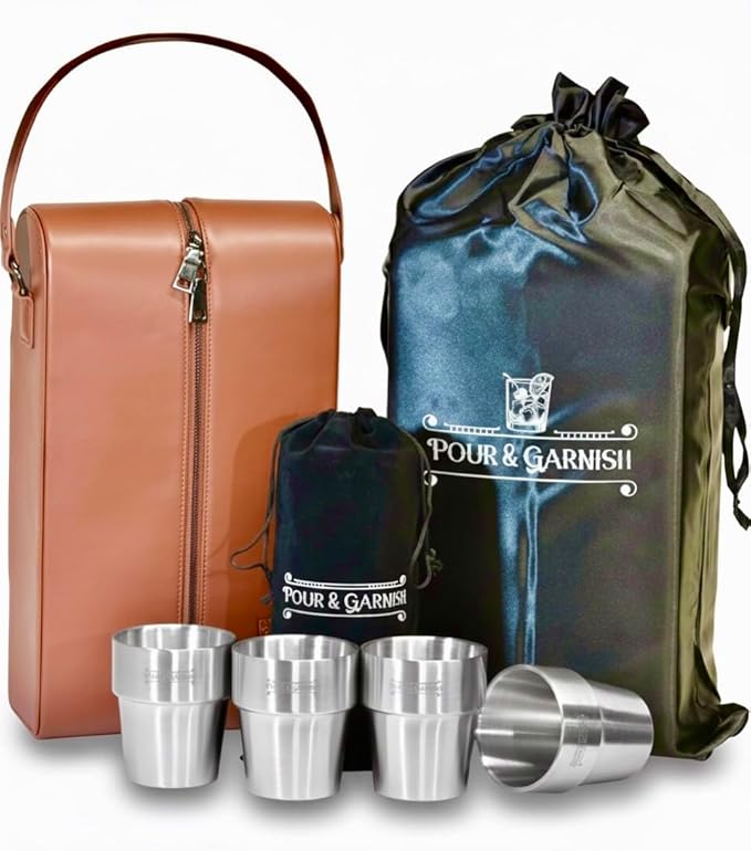 POUR & GARNISH Bourbon, Whiskey & Wine Double Bottle Travel Bag – Vegan Leather Spirits Carrier with 4 Stainless Steel Insulated Glasses & Gift Pouch – Luxury Barware Gift