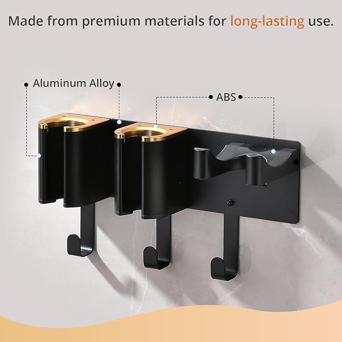 Hair Dryer Holder Wall Mount, Curling Iron Holder, 3 in 1 Hair Tool Organizer for Bathroom Vanity, Hair Straightener Holder, Aluminum Alloy (Hair Tools Not Included)