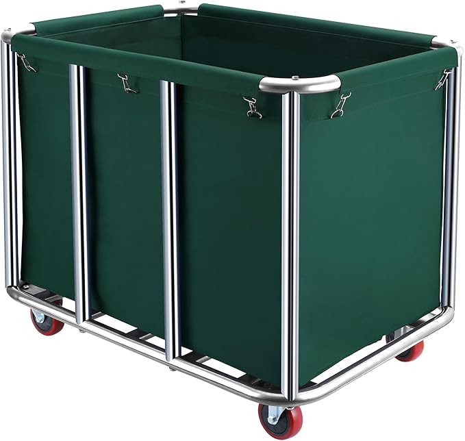 Commercial Laundry Cart with Wheels,11.35 Bushel Commercial Laundry Hamper,Industrial Rolling Laundry Basket with Sturdy Stainless Steel Frame and Oxford Bag for Home Hotel 440 lbs (Blackish Green)