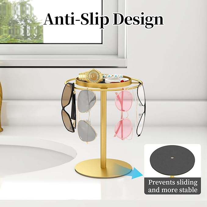 LSK Metal Sunglasses Organizer, Glasses Holder Stand with Storgae Tray, Eyeglasses Holder with Anti-Slip Pads for Tabletop, Desk, Dresser, Gold