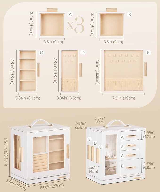 Homde Christmas Gifts Jewelry Box 360° Rotating, Necklace Earring Organizer with Transparent Window, Mirror, 7 Drawers, Large Ring Display Storage Case for Girls Women (White)