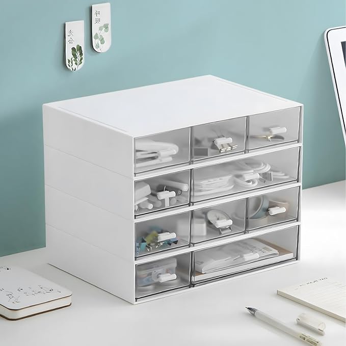 Desktop Organiser with 5 Drawers, Stackable Plastic Storage Box on Desk, Small Drawers Storage Unit for Home Collection, Cosmetics, Office Supplies (2 Flat Layers, White)