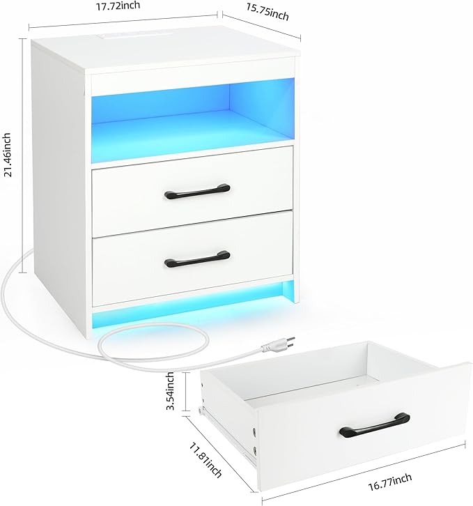 Night Stand with Charging Station and Ambient Light, LED Nightstand with USB-C Ports and Outlets, Morden Bedside Table with 2 Drawers and Open Compartment, End Table for Bedroom, White