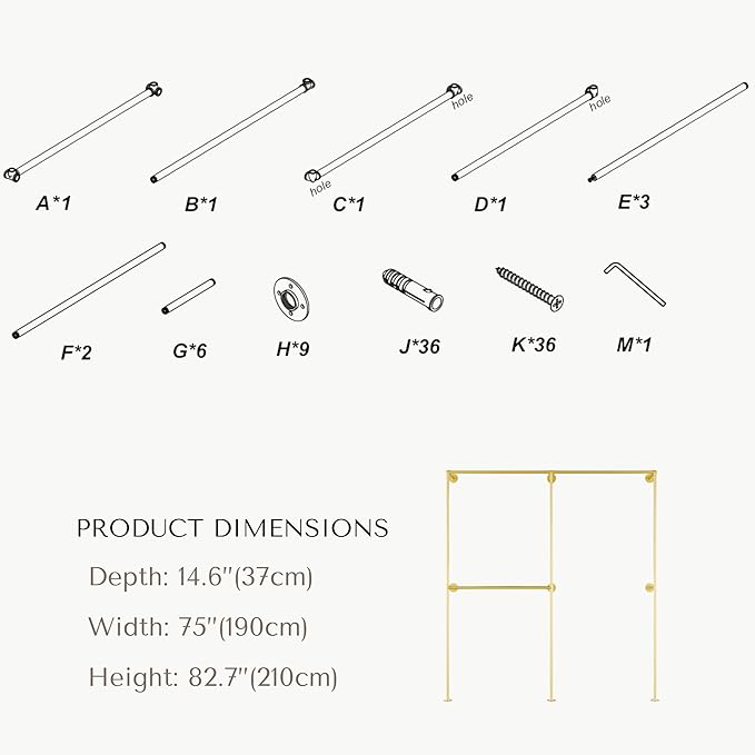 Industrial Pipe Clothing Rack, Heavy Duty Wall Mounted Clothes Rack,Retail Display Hanging Garment Rod for Laundry Rooms, Closet Storage, 14.6x75x82.7 Inches, Model K08 Gold