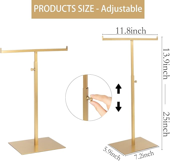 Display Stand Stainless Steel Jewelry Towers Bag Stand Tabletop Double Hook Hanging Jewelry Stands for Necklaces Organizer Stand Adjustable Height Home Store Boutique, Gold
