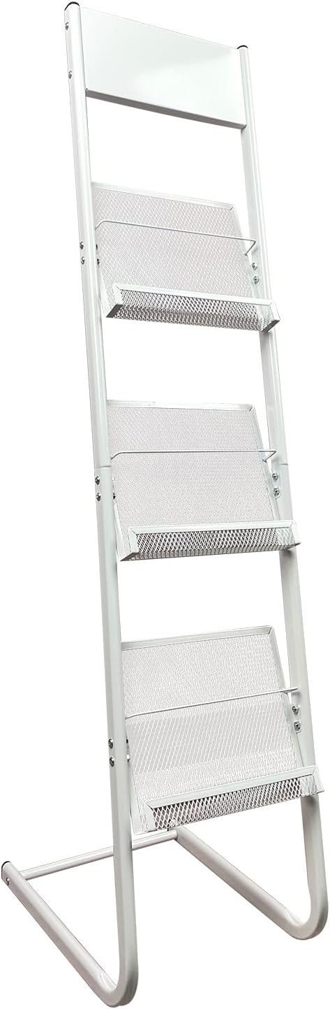 TONGMO Floor-standing 3-Layer Magazine Rack, Brochure Display Stand, made of high-hardness metal, suitable for Exhibitions, Offices, and any organization requiring information display. (3F-White)