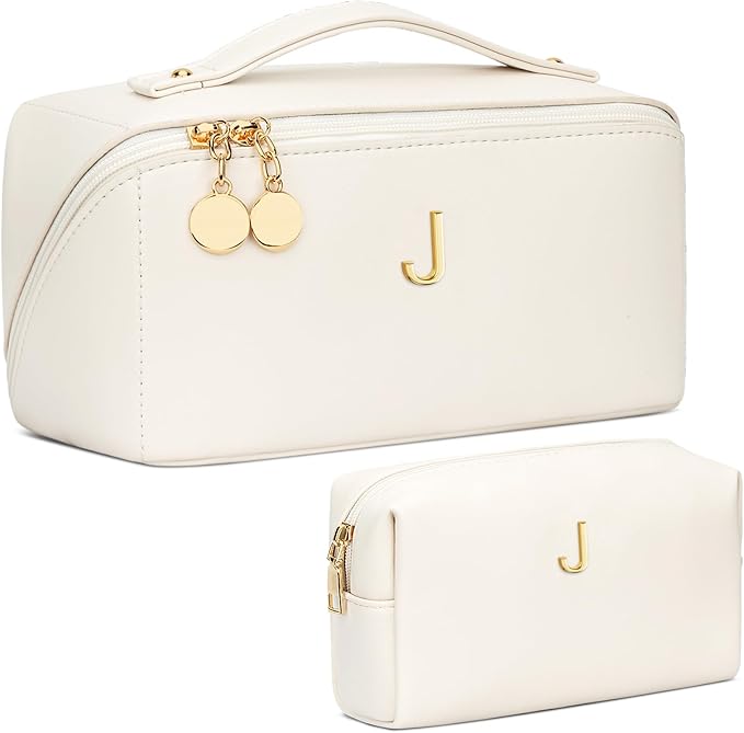 Birthday Gifts for Women Teen Girl, Personalized Initial Makeup Organizer Bag Set, Open Flat Travel Cosmetic Bag With Clear Divider and Handle(Beige,J)