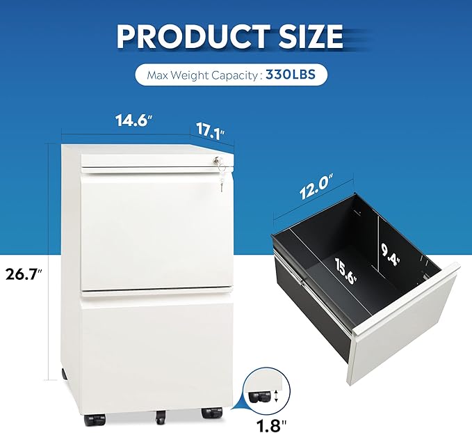 DEVAISE 2 Drawer Mobile File Cabinet with Lock, Commercial Vertical Filing Cabinet for Home Office, White