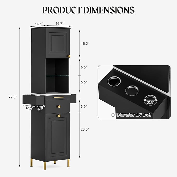 Salon Stations for Hair Stylist, Barber Station w/Glass Shelf & Golden Handles, Hair Salon Station Beauty Salon Spa Equipment w/6 Hair Dryer Holders, 2 Storage Cabinet & Drawers(Black)