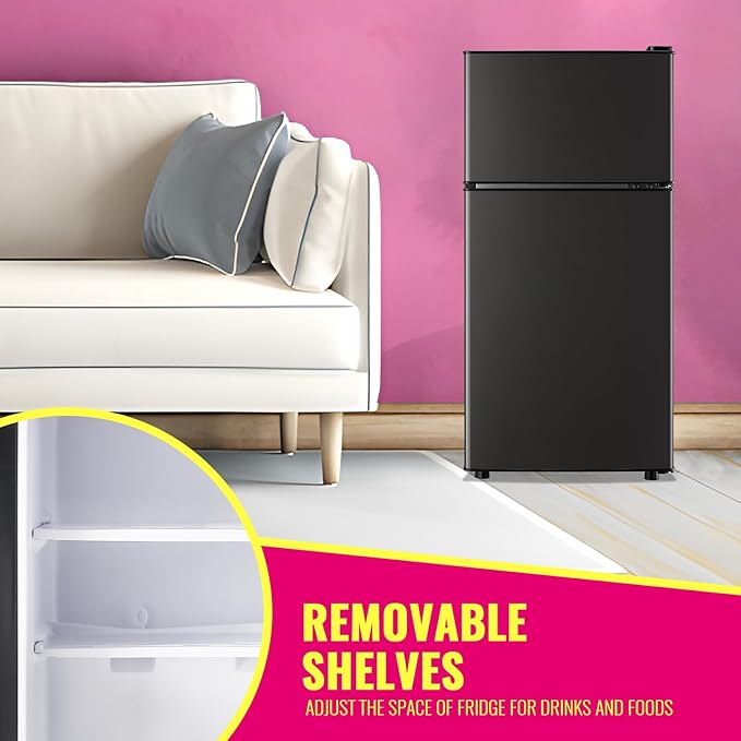 Mini Fridge with Top Freezer Apartment Size Dual Door Compact Small Refrigerator for Personal Use Small Mini Fridge with Egg tray, 7 Temperature Control For Dorm, Apatmet, Dark Grey