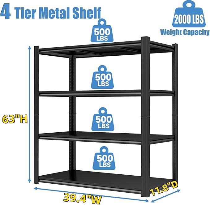 Garage Storage Shelves,5 Tier Shelving Unit, 40 inch Wide, 18” Deep, 78” Tall Organizer Metal Shelf for Basement/Laundry/Pantry Heavy Duty, Adjustable,Easy to Install (4Tier-(39.4"x11.8"x63"))