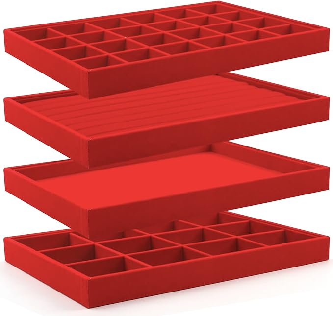 Lainrrew Jewelry Tray, 4 Pack Jewelry Organizer Velvet Jewelry Tray Stackable Jewelry Trays, Necklace & Earring Holder, Divided Bracelet & Ring Storage, 13.8"x9.5"x1.2" - Elegant Display Case (Red)