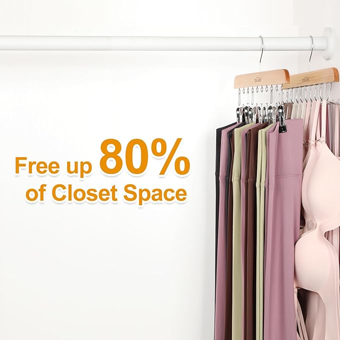 TOPIA HANGER 2 Pack Bra Hanger with 2 Pack Leggings Organizer, 2-in-1 Space Saving Hangers Neatly Store Max 40 Bras and 20 Leggings, Pants Jeans Shorts Skirt Tank Top Hanger for Closet Natural CT77N