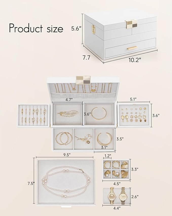 Vlando 3 Layer Jewelry Box - Women Jewelry Box with Retractable Tray - Jewelry Organizers with Drawer for Necklaces, Rings, Bracelets, Earrings, Gift for Couples Mom Girls - White