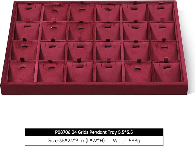 Velvet Necklace Display Tray, Stackable 24 Grid Insert Pendant Necklaces Storage Holder Plate, Jewelry Retail Countertop Organizer (Red)