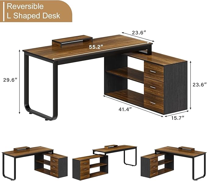 55 Inch L Shaped with Storage Shelves, Corner Computer Desk with Drawers, Home Office Desk with Removable Monitor Stand, Study Desk for Kids, Black