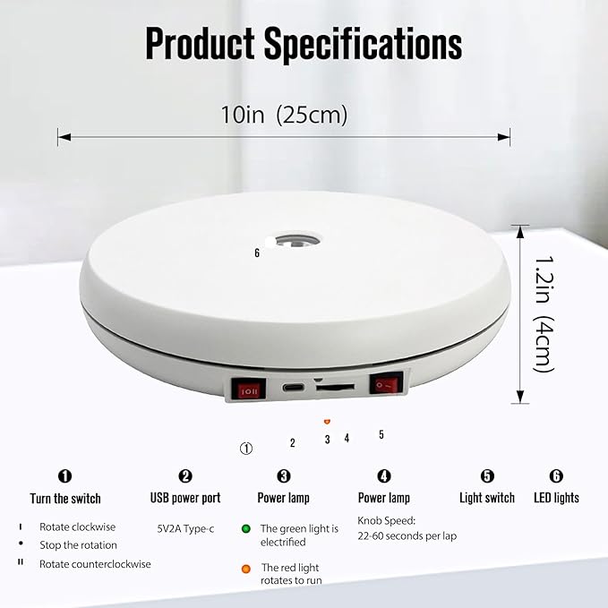 JAYEGT Motorized Rotating Display Stand with LED Light , 10 inch /55lbs Load, 360 Degree Electronic Photography Turntable for Products Shows, Jewelry, Crystal Art ，Watch, 3D Models (White / 5 Colors