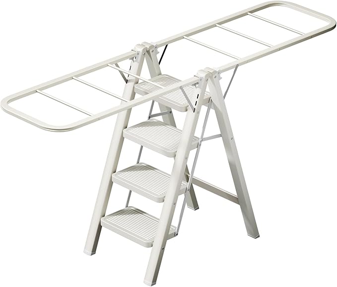 Multi-Functional 5 Step Ladder Used as Clothes Drying Rack,Sturdy Carbon Steel Ladder,Widened Pedal,Foldable & Portable Clothes Drying Rack, Space-Saving Design Indoor&Outdoor Drying (White)