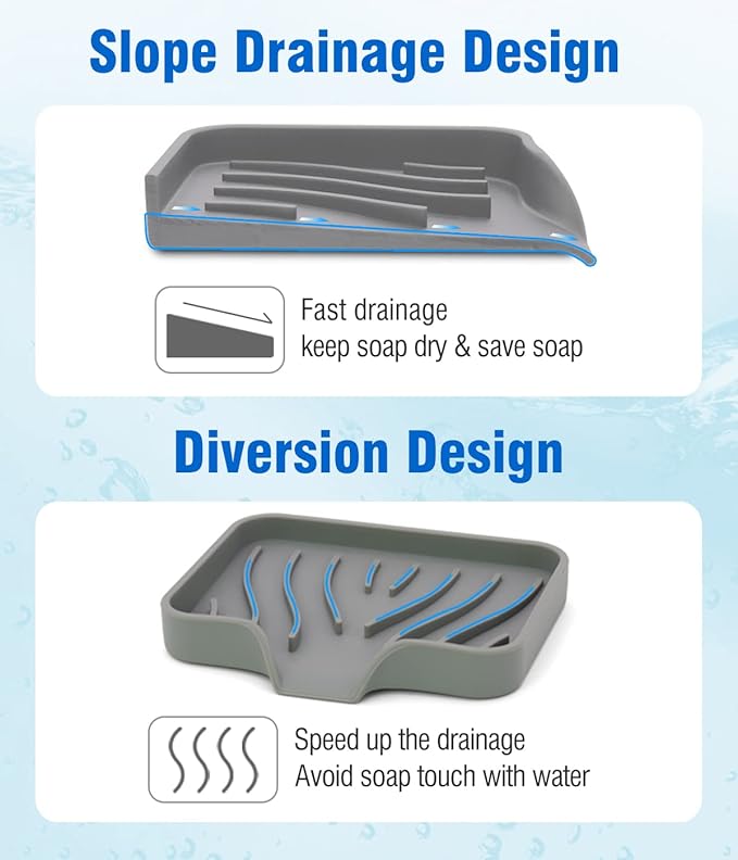 3-Pack Silicone Soap Dish Set – Bar Soap Holder with Self-Draining Design, Easy-Clean Tray for Shower, Bathroom, Kitchen, and Tub (Gray)