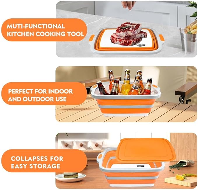 8L/16L BBQ Prep Tub with Cutting Board, Lid & Complimentary Mitts/Gloves – Collapsible Bucket for BBQ, Marinade, Picnic, Camping, Meat Prep – Orange/Black (Orange, Large)