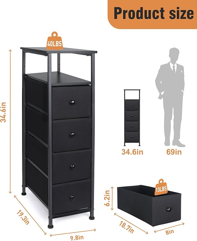 Narrow Dresser for Bedroom, Fabric Tall Dresser & Chests of Drawers with 4 Drawers, Vertical Organizer Storage Tower Unit for Bedroom, Hallway, Entryway Balck