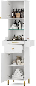 Salon Stations for Hair Stylist, Barber Station w/Glass Shelf & Golden Handles, Hair Salon Station Beauty Salon Spa Equipment w/6 Hair Dryer Holders, 2 Storage Cabinet & Drawers(White)